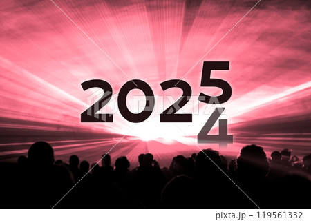 Turn of the year 2024 2025 red laser show party. Luxury entertainment with people crowd audience silhouettes at new year celebration. Premium nightlife event at holidays season time. Turn of the year 2024 2025 red laser show party. Luxury entertainment with people crowd audience silhouettes at new year celebration. Premium nightlife event at holidays season time. 119561332
