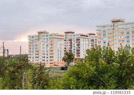 Restoration of the city after military actions. End of the war - repair and construction of buildings and houses, residential area 119561335