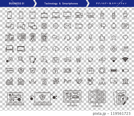 Technology and smartphone icon set. Line art vector. Business and office. 119561723
