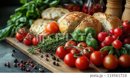 Rustic Food Still Life with Fresh Ingredients 119561728