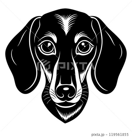dachshund dog head icon. Black and white logo, dog silhouette, engraving style. 119561855