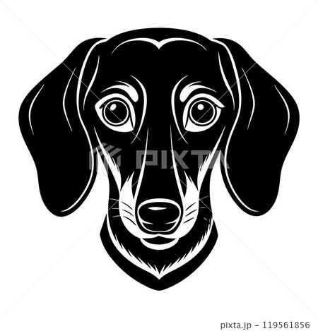 dachshund dog head icon. Black and white logo, dog silhouette, engraving style. 119561856