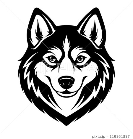 husky dog head icon. Black and white logo, dog silhouette, engraving style. 119561857