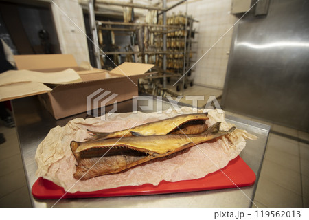 Industrial production of smoked fish. Fish factory. 119562013