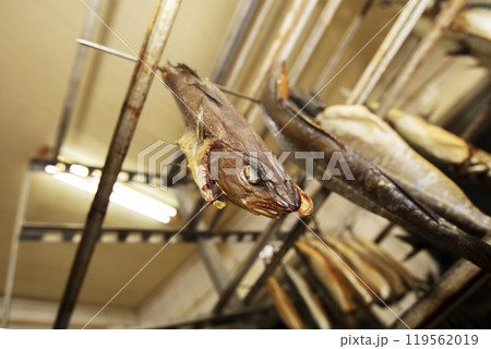 The smoked fish hangs with its head on an iron rasp. 119562019