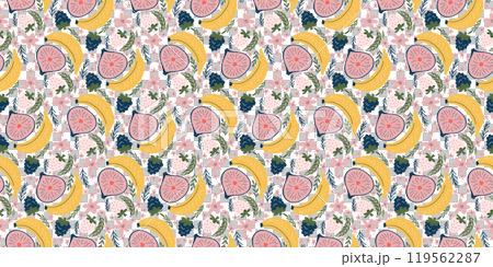 Joyful seamless pattern with bananas, figs, blackberries, white strawberries, pink flowers, and green leaves. Modern, organic vector style with flat colors and a playful, childlike design 119562287