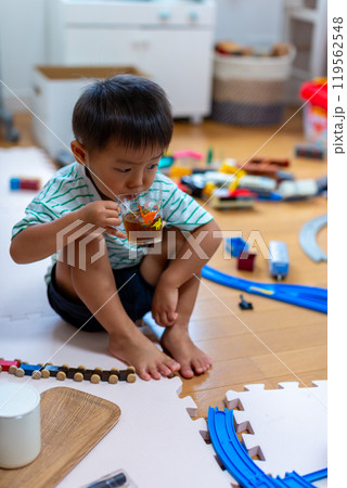 プラレールで遊ぶ2歳の男の子 プラレールで遊ぶ2歳の男の子 119562548