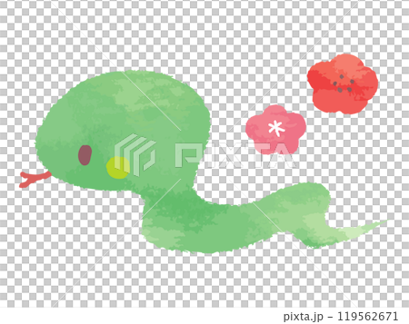 Watercolor illustration of a cute snake and plum blossoms / 2025 Year of the Snake New Year's card material 119562671