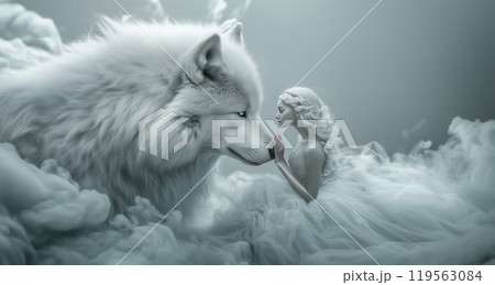 白いドレスの女性と白狼の絆と情愛のイラスト素材 [119563084] - PIXTA