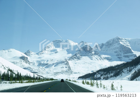 Scenic winter view of the Icefields parkway or Highway 93 in Alberta, Canada Scenic winter view of the Icefields parkway or Highway 93 in Alberta, Canada 119563213