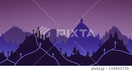 Cemetery in hill. Halloween background with trees, tombstones and fireflies. Halloween purple, violet template. Cemetery in hill. Halloween background with trees, tombstones and fireflies. Halloween purple, violet template. 119563729