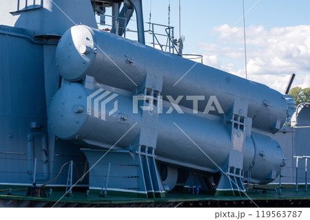naval military background, concept, fragment of a modern warship with missile launcher containers naval military background, concept, fragment of a modern warship with missile launcher containers 119563787