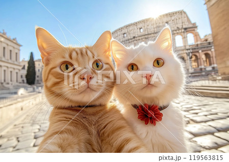 Happy couple in love,  white fluffy female cat and red male cat take a selfie against the backdrop of the Colosseum in Rome, Italy.  AI-generated item 119563815