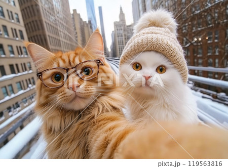 Happy couple in love, white fluffy female cat and red cat with glasses  take a selfie against the backdrop of skyscrapers in New York city. AI-generated item  119563816