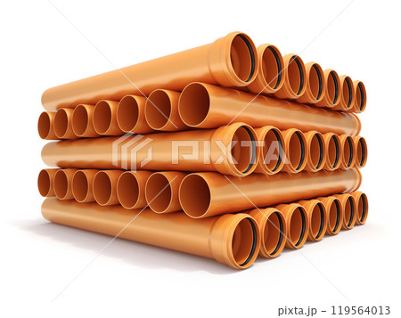 Bunch of plastic brown sewer pipes with the seal - 3D illustration 119564013