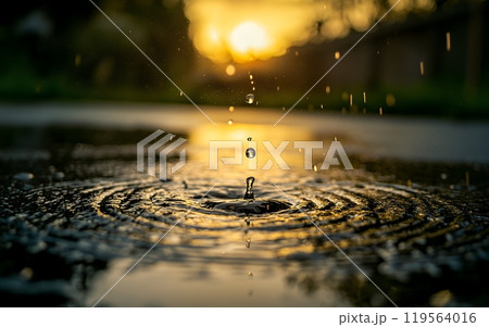 Close-up of a water droplet creating a perfect splash crown, backlit by warm golden sunset light, with bokeh effects in the background 119564016