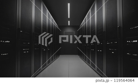 Dimly lit server room with rows of network equipment emitting soft lights, creating a futuristic and high-tech atmosphere Dimly lit server room with rows of network equipment emitting soft lights, creating a futuristic and high-tech atmosphere 119564064