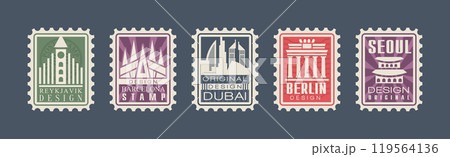 Postage Stamps with City and Country Landmark Vector Set 119564136