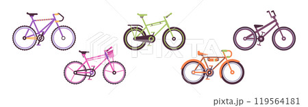 Colorful Bicycles and Bike as Pedal Driven Vehicle Vector Set 119564181