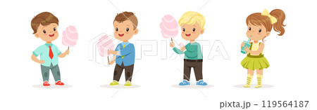 Cute Boy and Girl Character Eat Sweet and Sugary Treat Vector Set 119564187