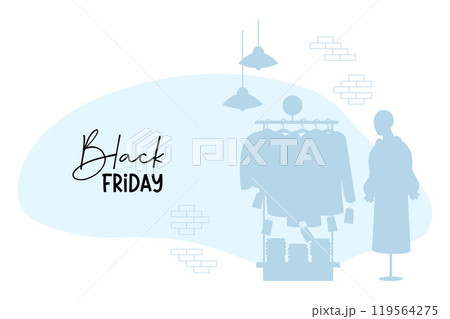 Black Friday. Interior of store with rack of clothes and price tags and female mannequin in dress. Silhouette drawing. Vector illustration. Holiday purchase concept. Black Friday. Interior of store with rack of clothes and price tags and female mannequin in dress. Silhouette drawing. Vector illustration. Holiday purchase concept. 119564275