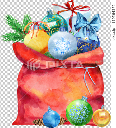 Santa bag open with balls and gift. Watercolor illustration 119564372