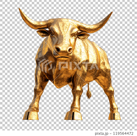 A golden bull, with powerful horns and a determined stance, stands tall against a neutral background. A golden bull, with powerful horns and a determined stance, stands tall against a neutral background. 119564472
