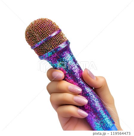 A hand with pink nails delicately grasps an iridescent, glittery microphone in shades of blue and purple. 119564473