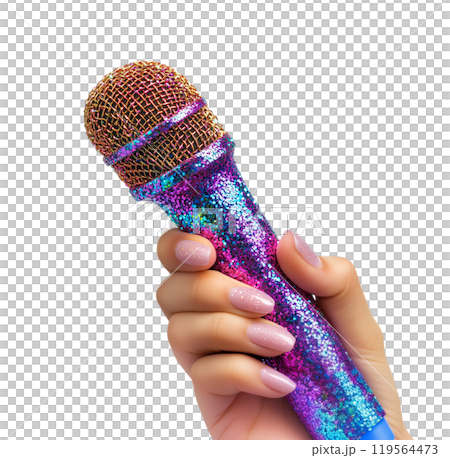 A hand with pink nails delicately grasps an iridescent, glittery microphone in shades of blue and purple. 119564473