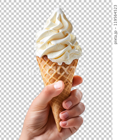 Ice cream cone with vanilla ice cream held in a hand. (transparent background .png) 119564523