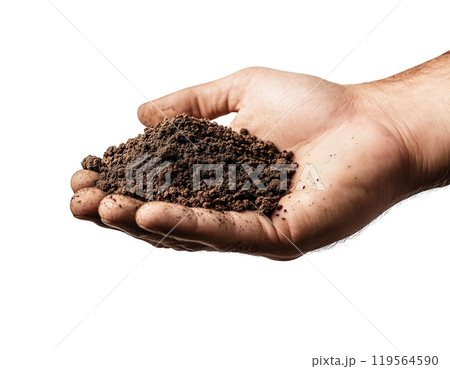 A close-up of a hand, adorned with a simple ring, gently cradles a handful of rich, dark soil. 119564590