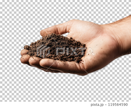 A close-up of a hand, adorned with a simple ring, gently cradles a handful of rich, dark soil. 119564590