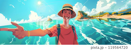 Illustration of a happy young guy taking a selfie on the background of the sea, banner 119564720