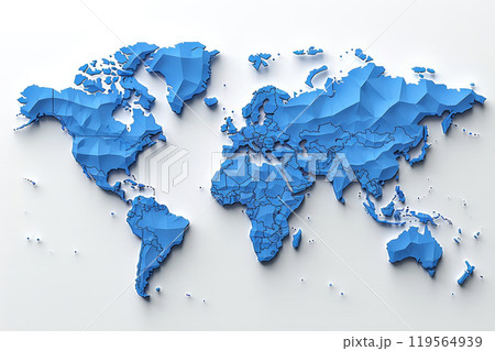 The map highlights the United States, displaying a striking representation of the American flag. Each states outline is filled with red and blue stripes and white stars, symbolizing national pride. 119564939