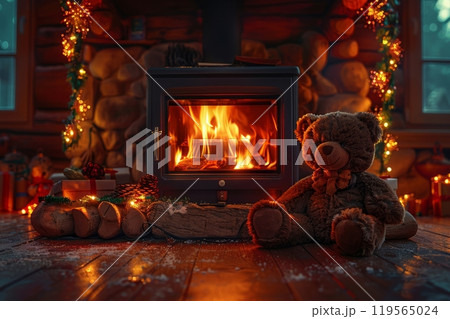 The map highlights the United States, displaying a striking representation of the American flag. Each states outline is filled with red and blue stripes and white stars, symbolizing national pride. 119565024