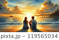 砂浜で夕焼けを眺める男女 119565034