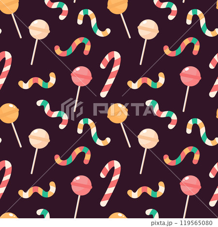 Seamless pattern of candies. Caramel stick, lollipop, candy cane on dark background. Holiday texture, pagking design 119565080