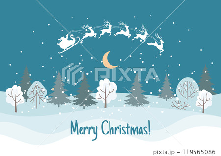 Winter Christmas landscape. Santa on sleigh with reindeer in sky with moon, winter landscape. Illustration 119565086