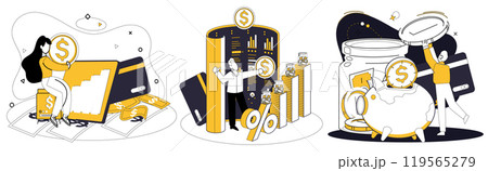 Money management vector illustration. Bankers dance with rhythm money management, orchestrating harmonious financial ballet Technology weaves fabric financial reports, creating tapestry economic 119565279