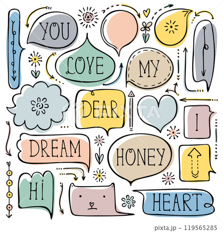 Set of colorful doodle speech bubbles for comics, bullet journal, notebook, diary, and planner isolated on white background. 119565285