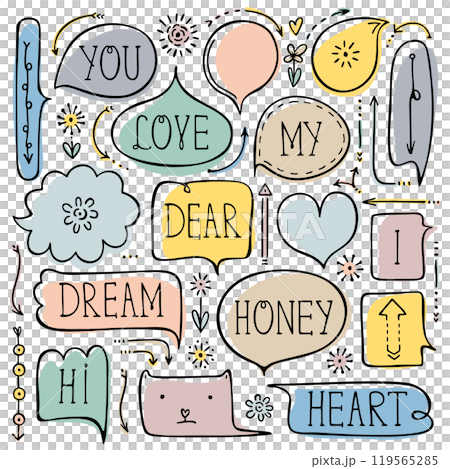 Set of colorful doodle speech bubbles for comics, bullet journal, notebook, diary, and planner isolated on white background. 119565285