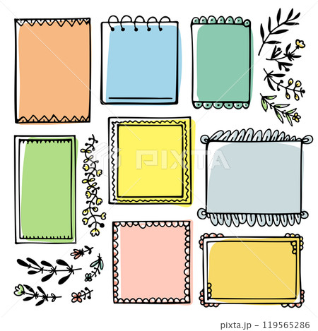 Set of colorful doodle frames and branches for bullet journal, notebook, diary, and planner isolated on white background. 119565286