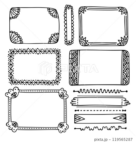 Bullet journal hand-drawn vector elements for notebook, diary, or planner. Doodle black frames are isolated on white background.  119565287