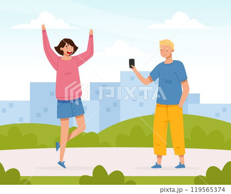 Man and Woman Teenager Meet Greeting Gesture Vector Illustration 119565374