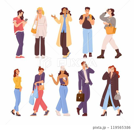 Man and Woman Character Talking Phone Speaking with Someone with Mobile Device Vector Illustration Set Man and Woman Character Talking Phone Speaking with Someone with Mobile Device Vector Illustration Set 119565386