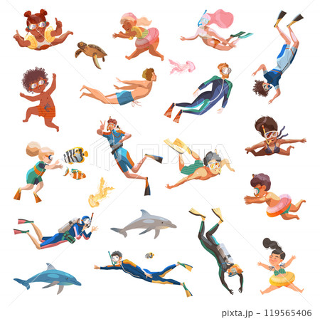 People Character Swimming and Diving Underwater Vector Set People Character Swimming and Diving Underwater Vector Set 119565406