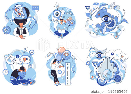 Mindset. Multiple scenes depict individuals with varying thought processes like creativity, stress, positivity, and confusion. Ideal for mental health, self-improvement, motivation, psychology 119565495