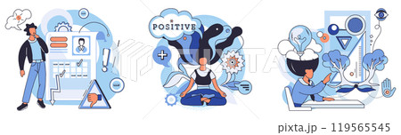 Mindset. Scene of a man in front of a board, a person meditating with positive thoughts, and individuals brainstorming with ideas. Ideal for personal growth, learning, mindfulness, creativity 119565545