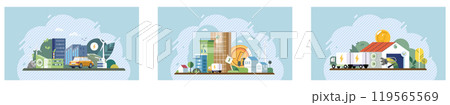 ESG concept. Multiple scenes display a cityscape with sustainable buildings, transportation trucks, and renewable energy. Ideal for environmental, sustainability, green energy, clean transport ESG concept. Multiple scenes display a cityscape with sustainable buildings, transportation trucks, and renewable energy. Ideal for environmental, sustainability, green energy, clean transport 119565569