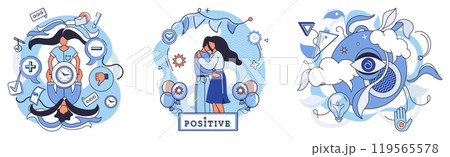Mindset. Positive scene with a parent and child hugging, surrounding icons of health, creativity, and balance. Ideal for promoting positivity, mental health, family love, self-care, and emotional 119565578